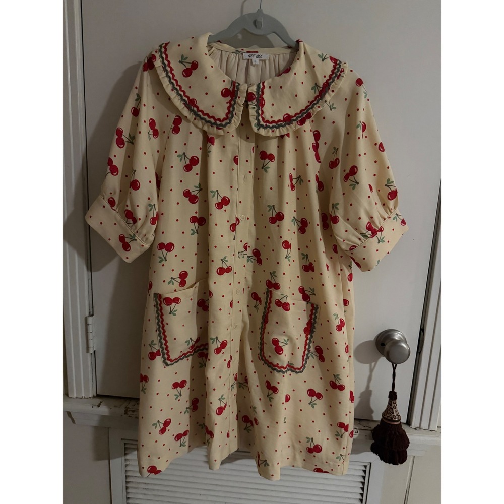 Cherry Print Mini Dress - Cream with Red Cherries